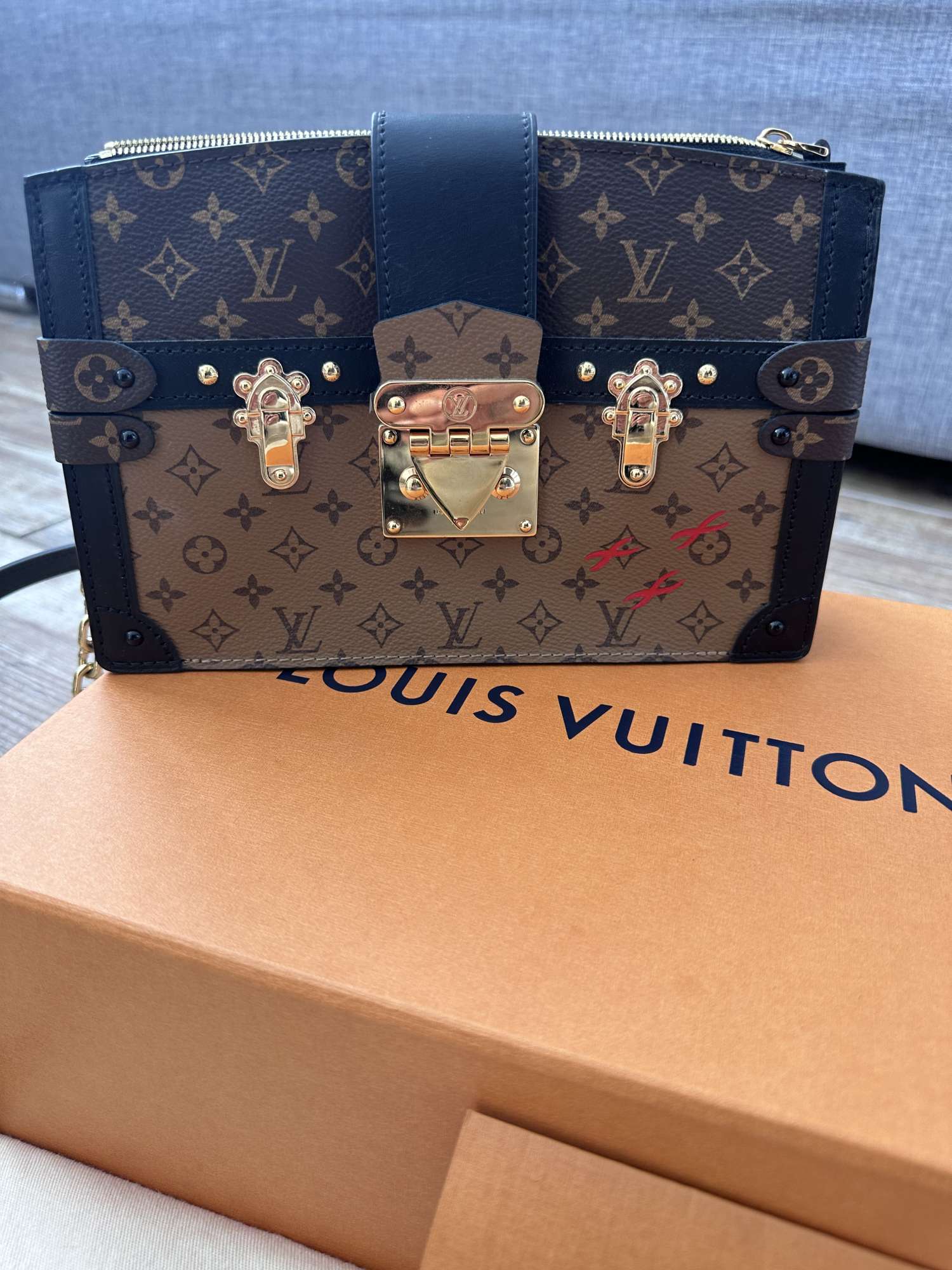 LOUIS VUITTON, REVERSE MONOGRAM POCHETTE TRUNK VERTICALE OF COATED CANVAS  WITH POLISHED BRASS HARDWARE, Handbags & Accessories, 2020