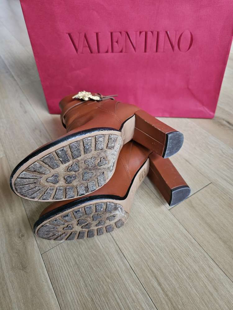 Valentino Garavani Cognac Leather Ankle Boots 38