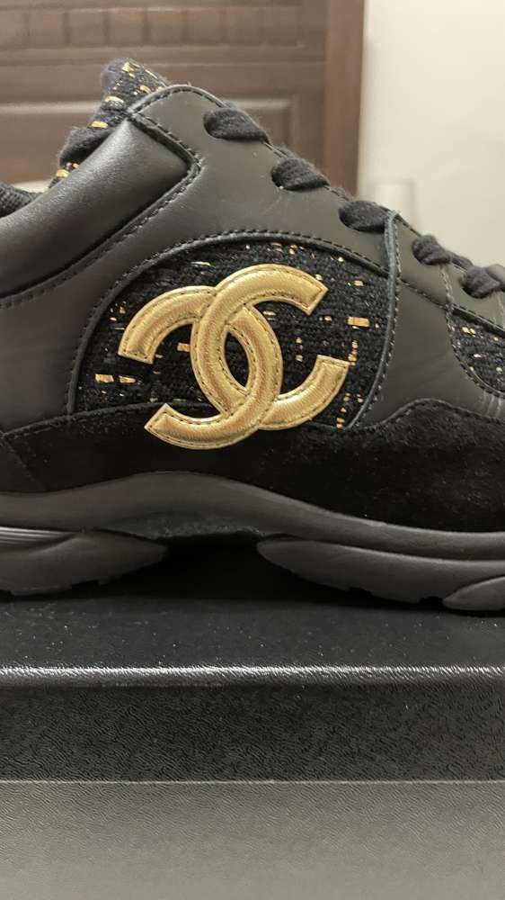 Chanel CC Logo Suede Tweed Black Gold Sneaker