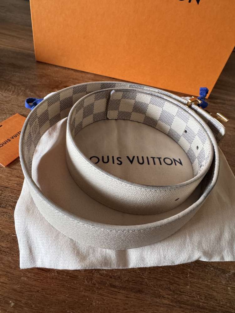 Louis Vuitton oboustranný pásek – béžová / Damier Azur, zlatá spona