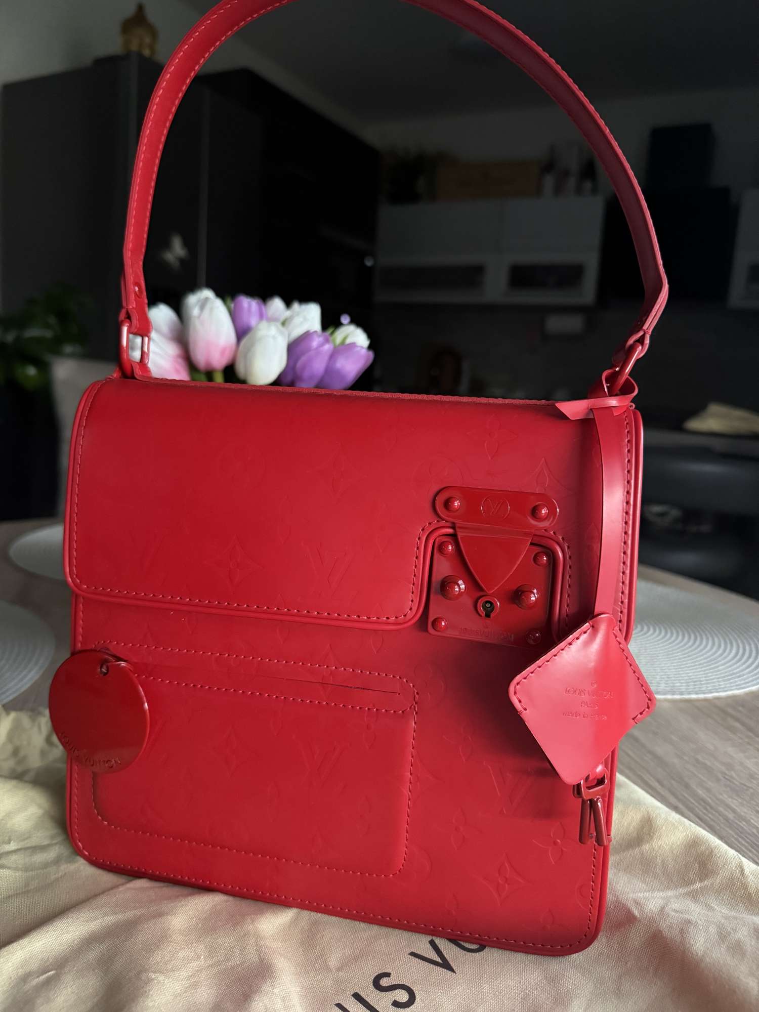 Louis Vuitton red monogram op art squary