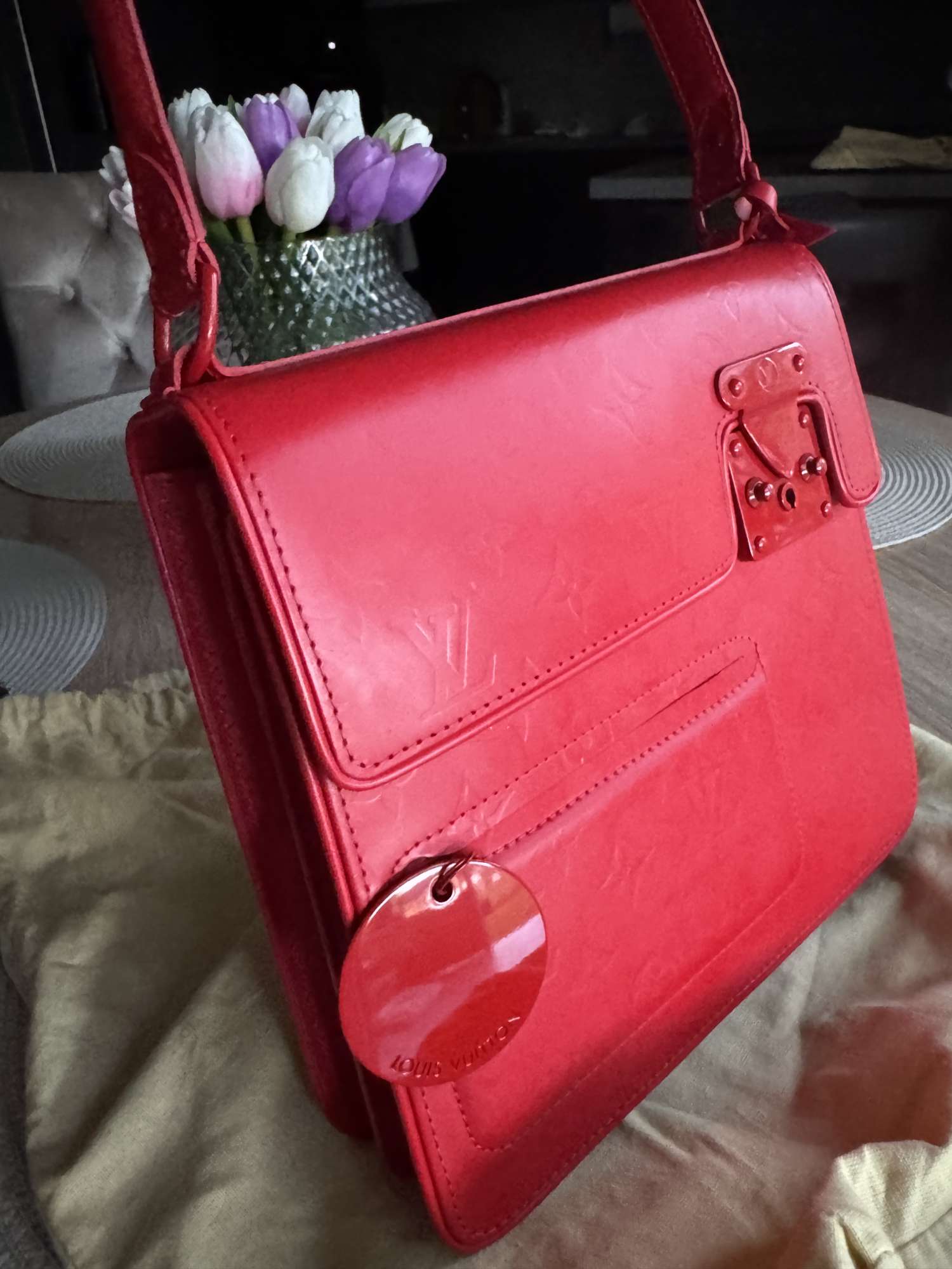 Louis Vuitton red monogram op art squary