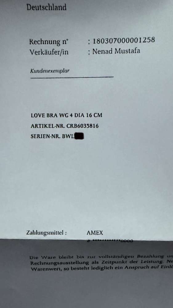 Náramok Cartier Love z bieleho zlata so 4 diamantmi, veľkosť 16