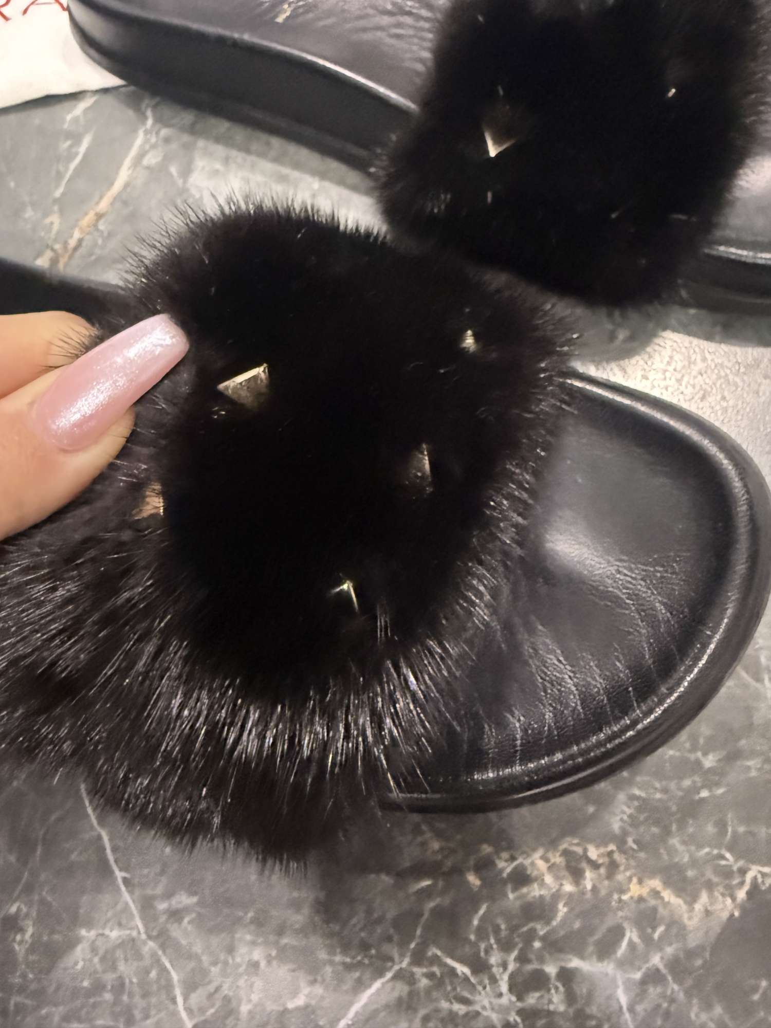 Valentino Black Fur Rockstud Flat Slides