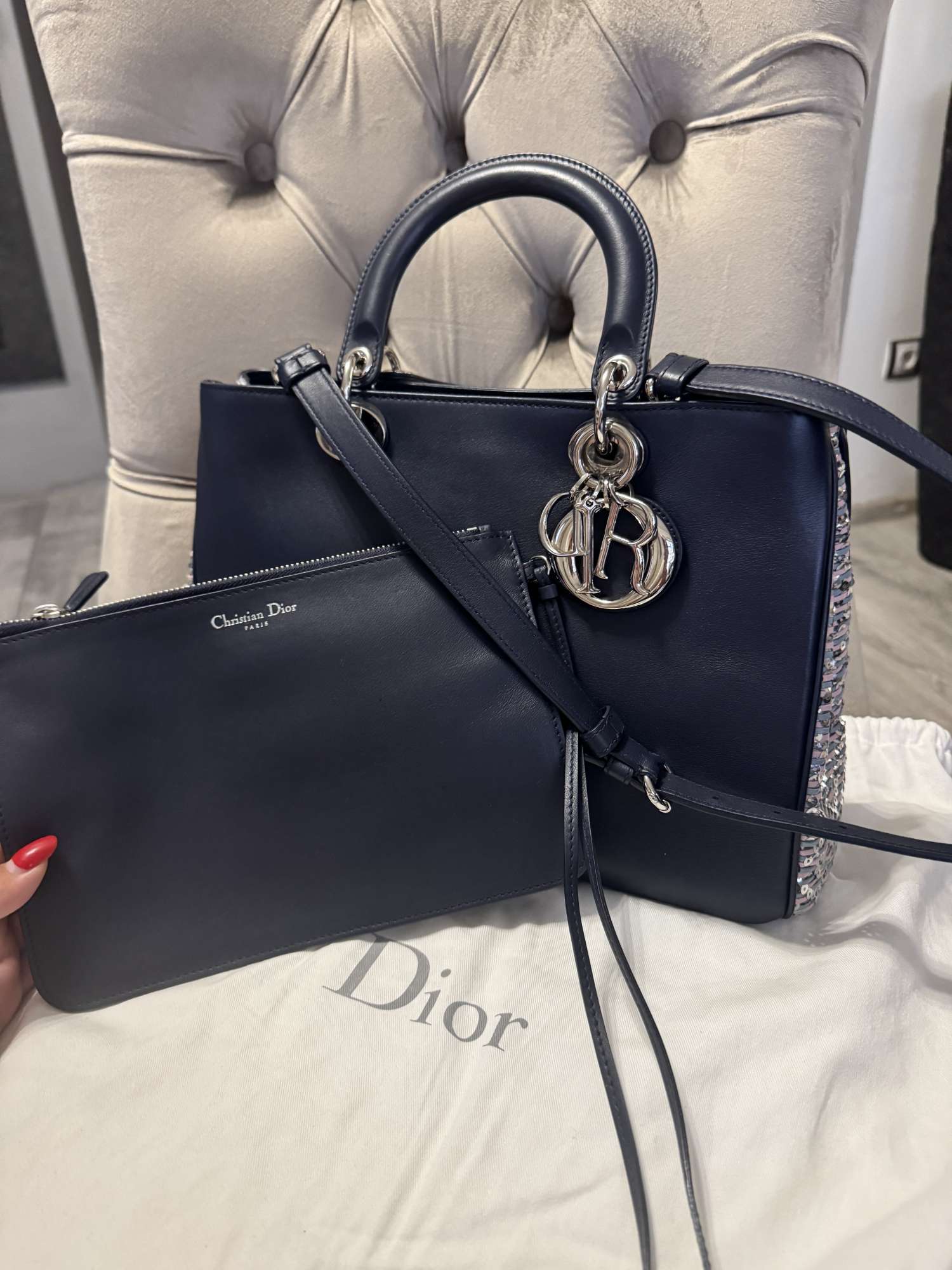 Dior Leather medium blue glitter handle