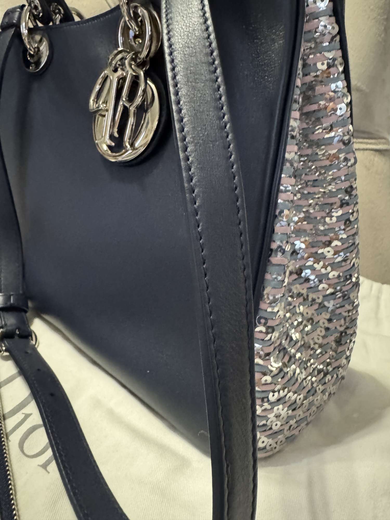 Dior Leather medium blue glitter handle