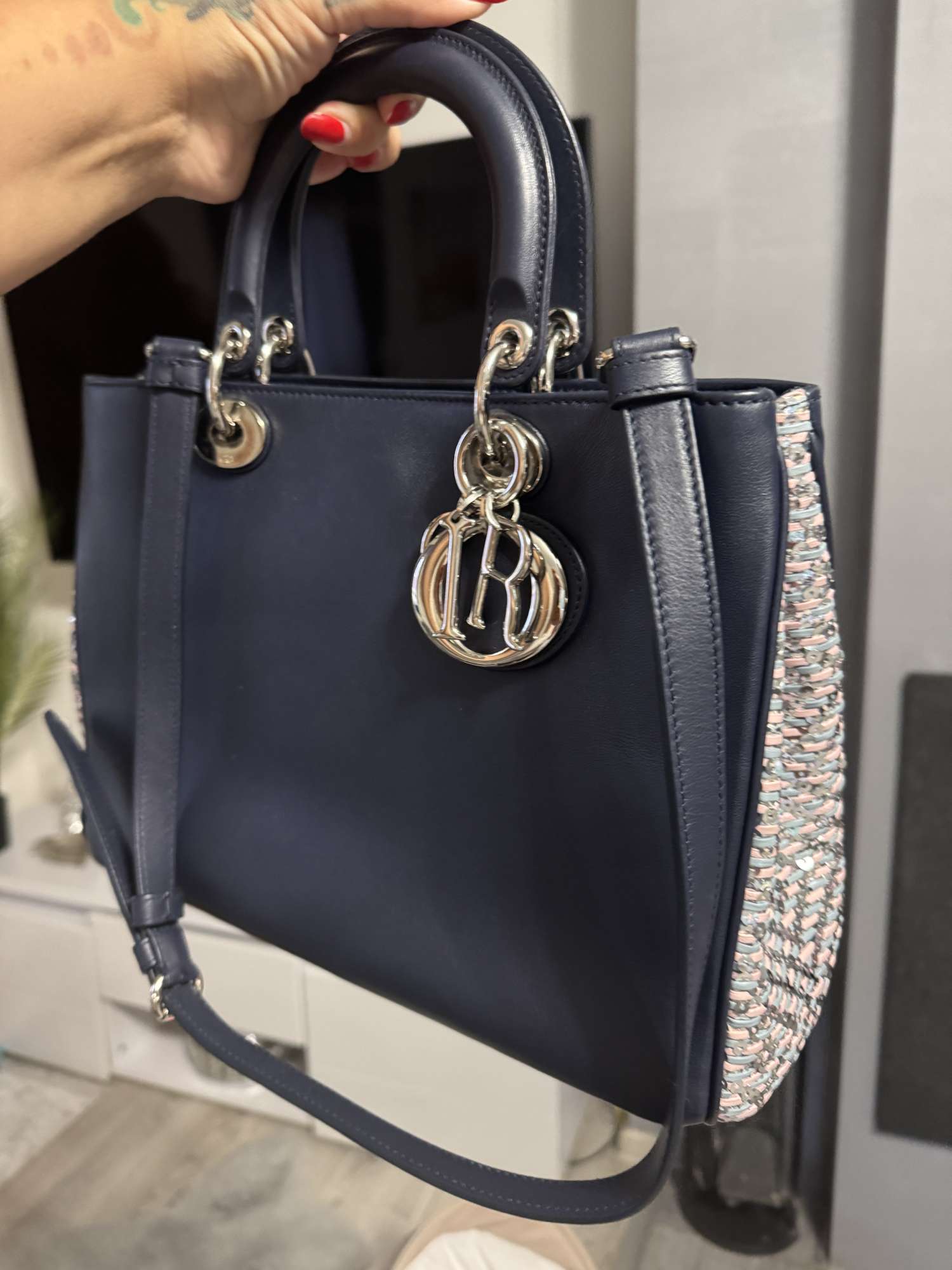 Dior Leather medium blue glitter handle