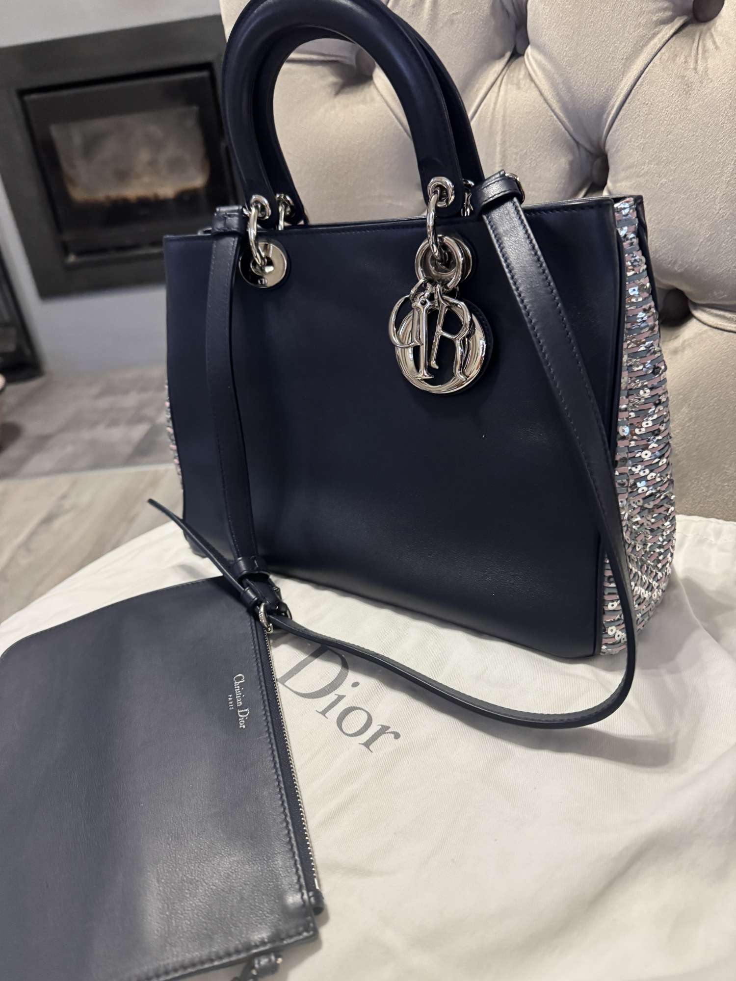 Dior Leather medium blue glitter handle