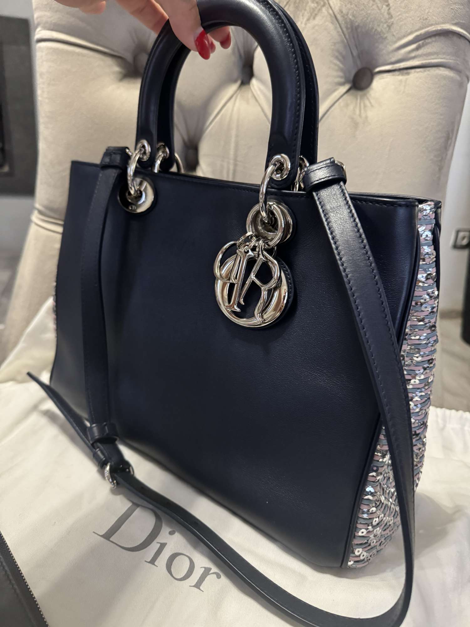 Dior Leather medium blue glitter handle