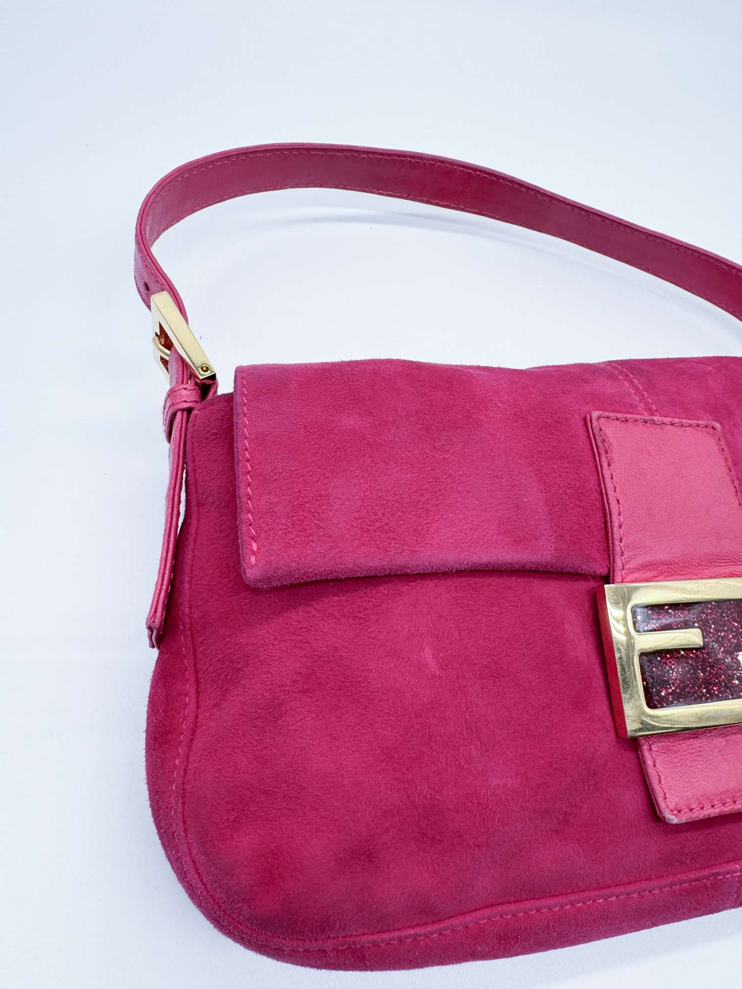 Fendi Vintage Hot Pink Suede Baguette Bag with Glitter FF Hardware