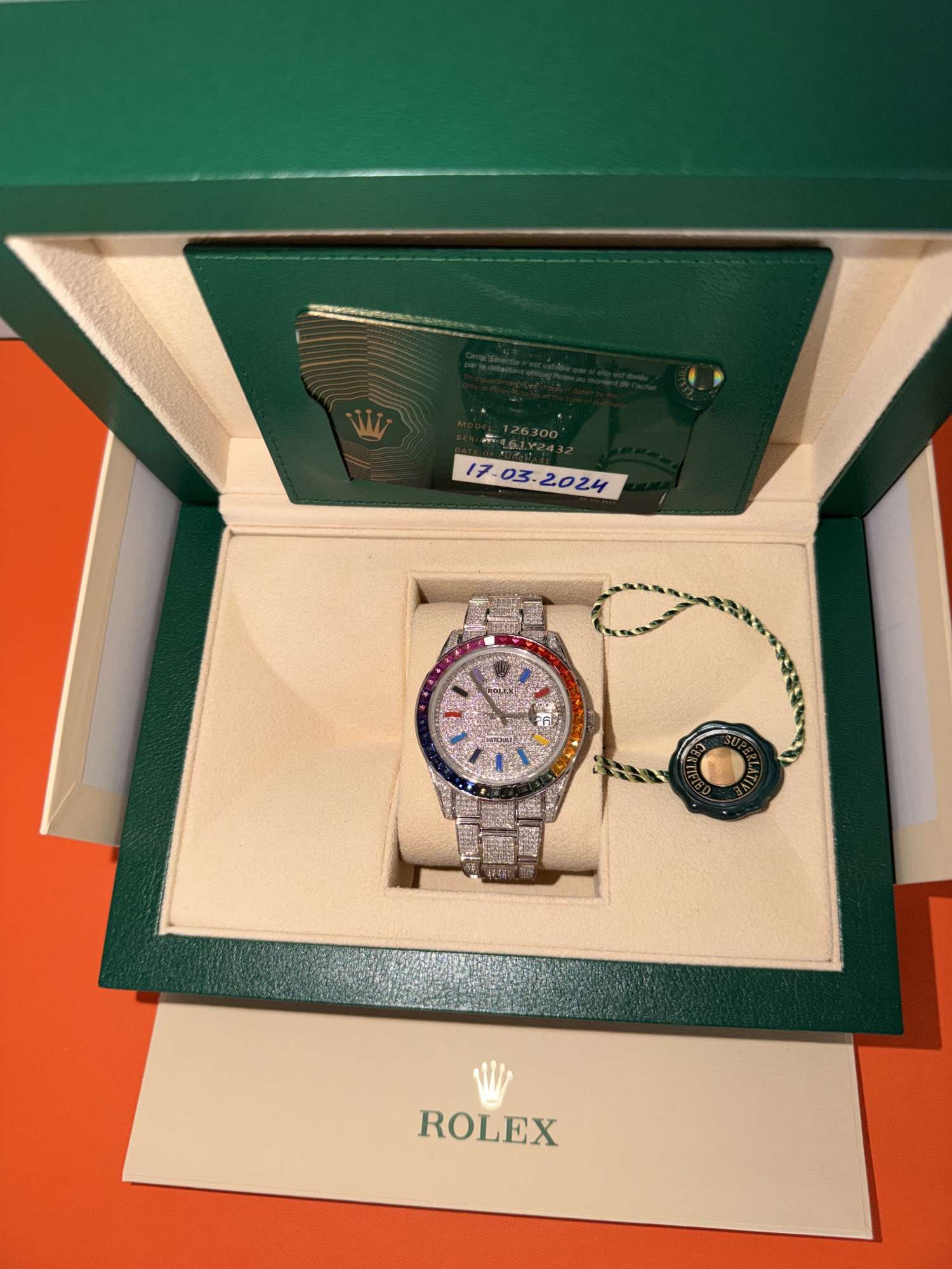 Rolex Datejust 41 – Full Diamond & Rainbow Bezel – Full Set
