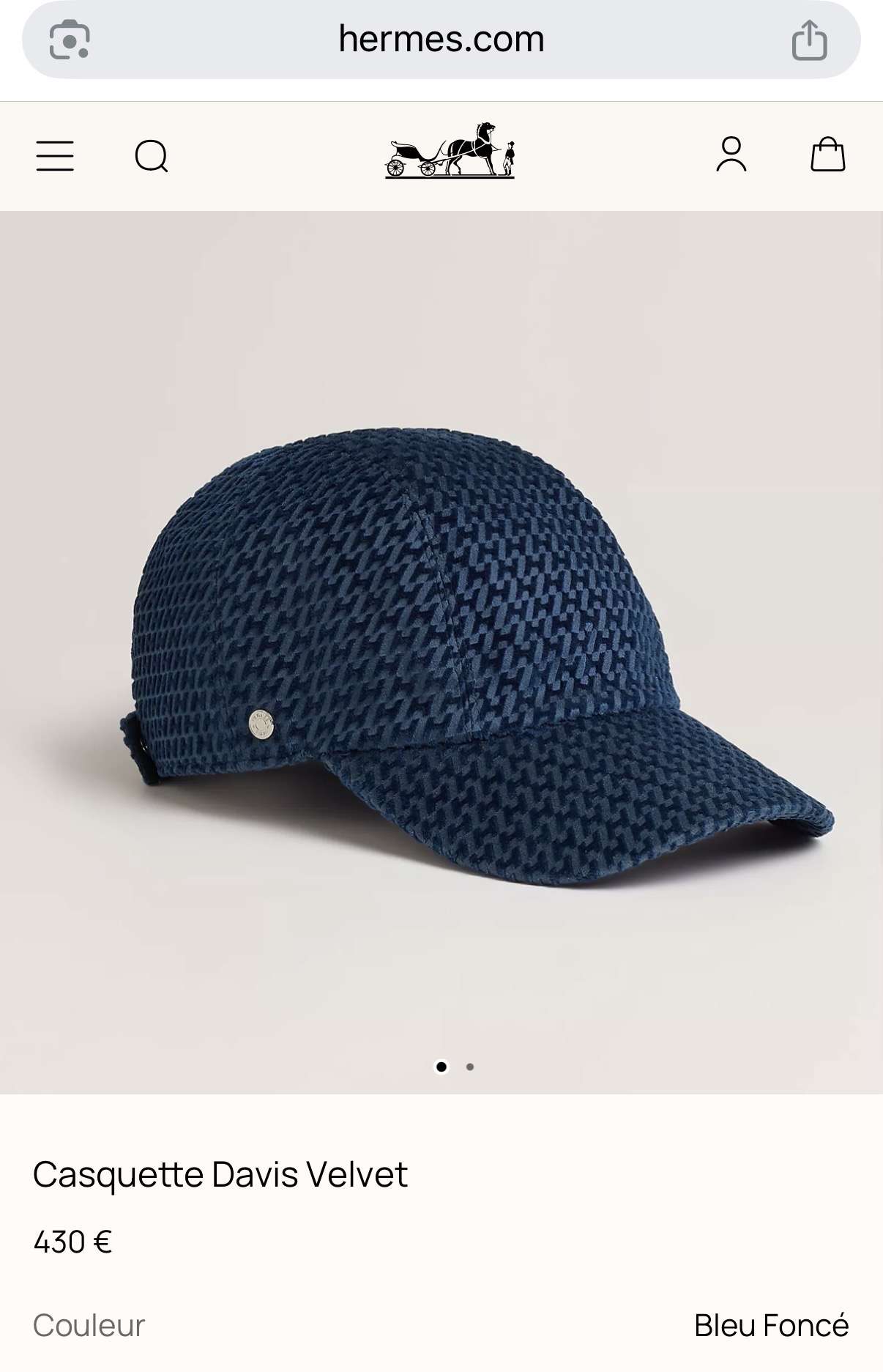 Hermès Cap Davis Velvet námornícka modrá s vzorom „H“