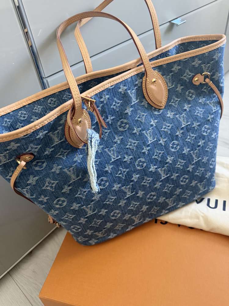 Louis Vuitton Neverfull MM Monogram Denim Blue M13192 with Pouch & Receipt