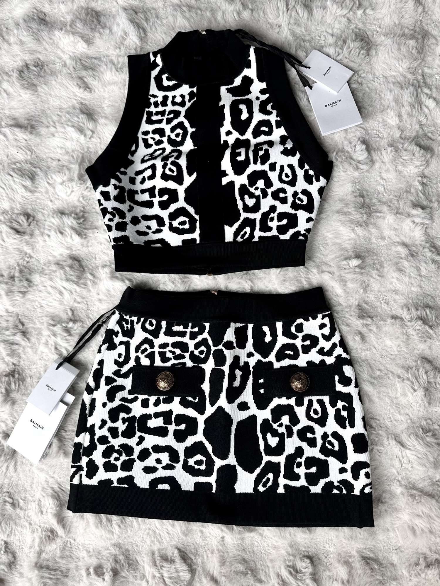 Balmain Leopard Jacquard Knit Crop Top & Mini Skirt Two-Piece Set