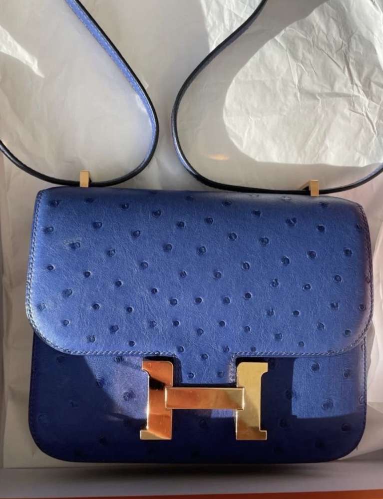 Hermès Constance 18 pštros Bleu Saphir Rose Gold