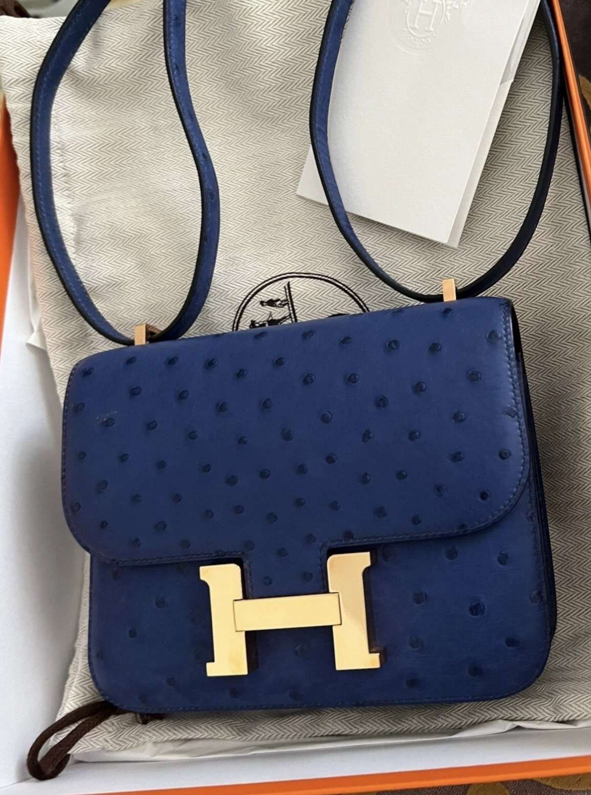Hermès Constance 18 pštros Bleu Saphir Rose Gold